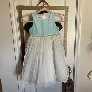 Little girl’s Blue and white beaded belt and lace dress